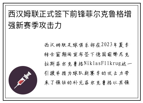 西汉姆联正式签下前锋菲尔克鲁格增强新赛季攻击力